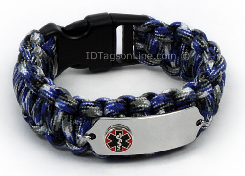 Blue Camo Paracord Medical Bracelet with Raised Medical Emblem - Click Image to Close